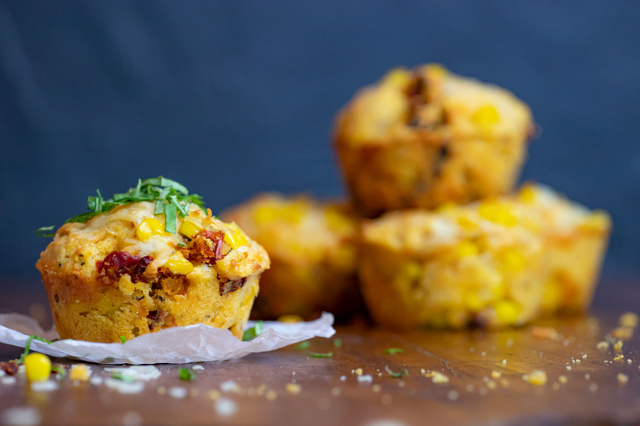 Sun Dried Tomato-Basil-Rosemary-Provolone-Whole Corn Kernel Cornbread Muffins