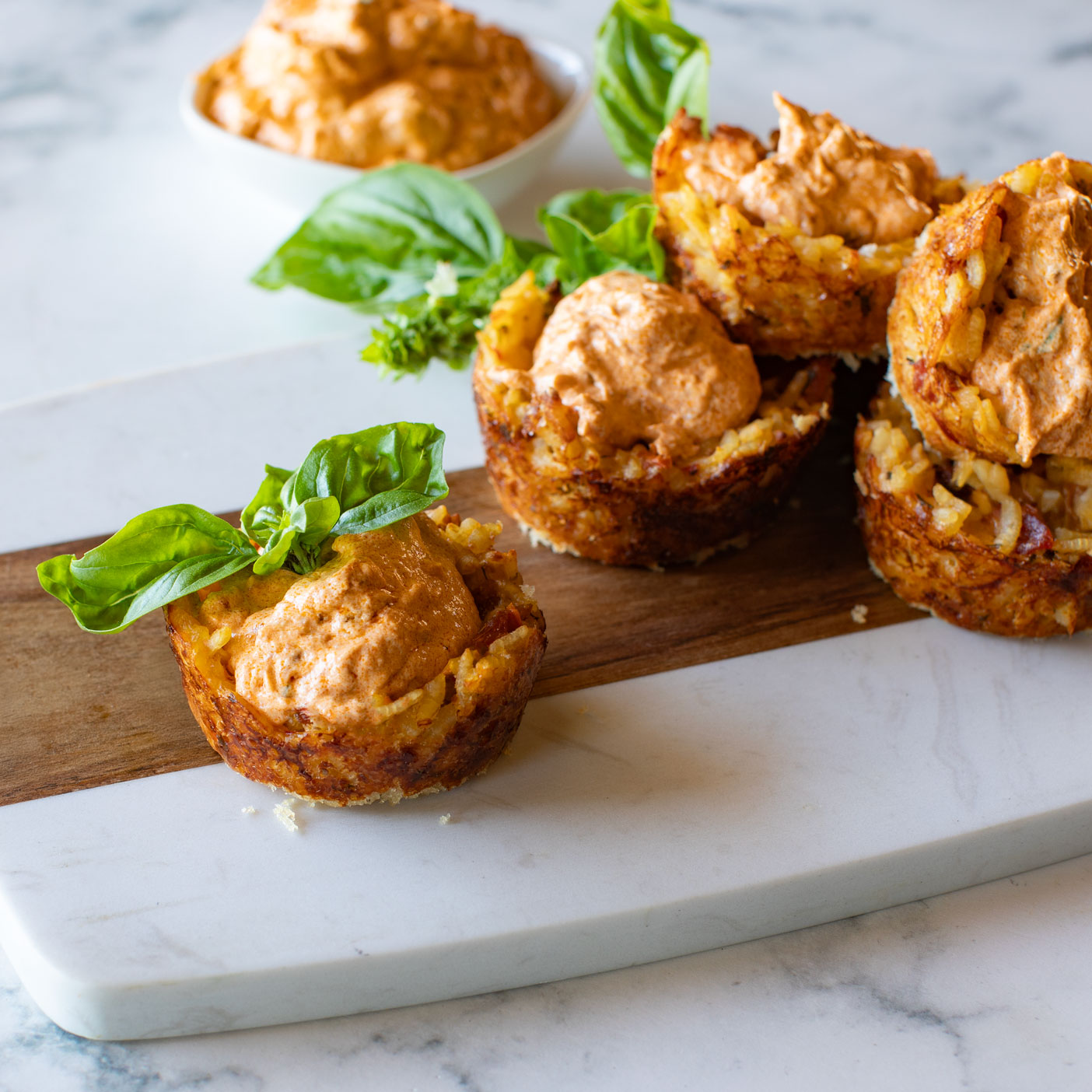 Arancini Cups with Creamy Sun Dried Tomato Chipotle Dip