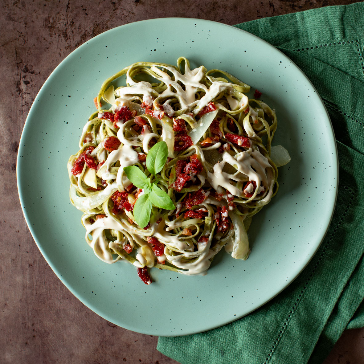 Sun Dried Tomato & Pancetta Spinach Pasta Alfredo 