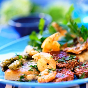 Swordfish and Prawns with Sun Dried Tomato Bruschetta and Basil