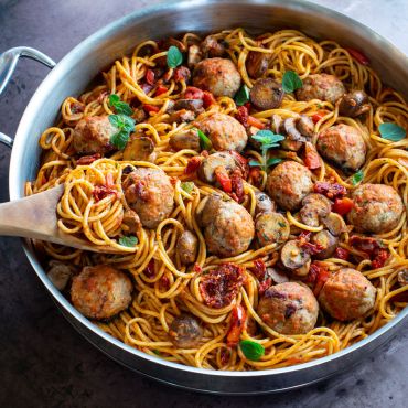Turkey Polpette (Meatballs) with Mushroom-Bell Pepper-Sun Dried Tomato Sauce